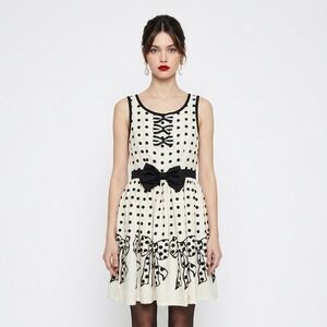 Bodyline Ivory Black Polka Dot Bow Dress Coquette Lolita Twee Cosplay Mini XS